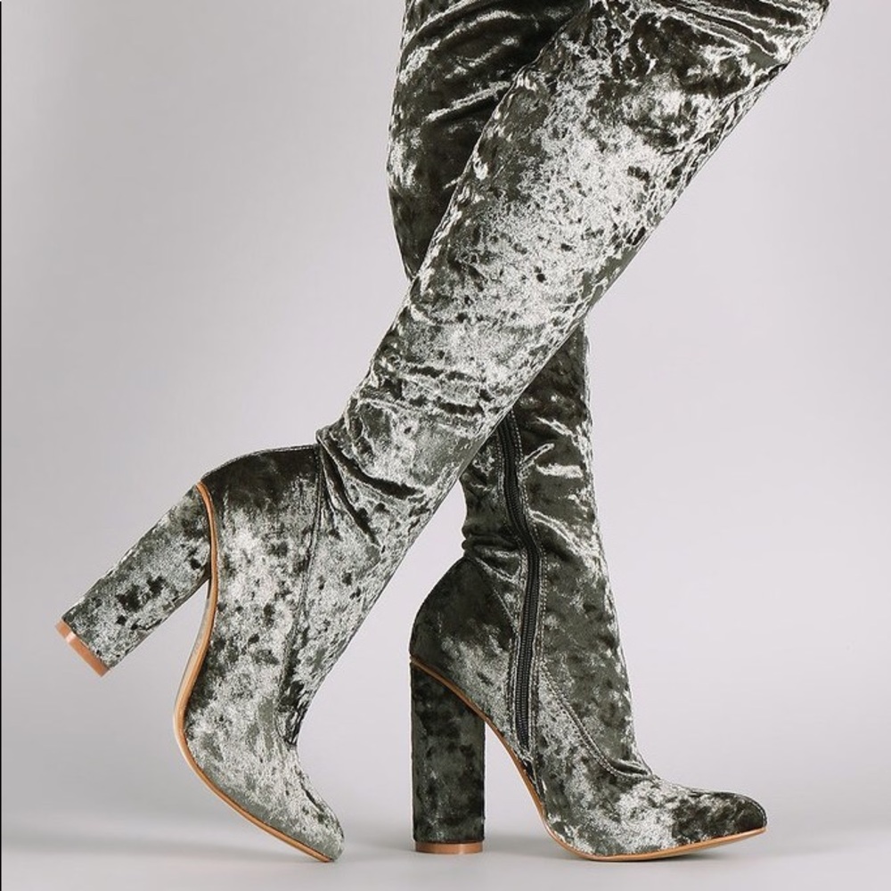 Crushed Grey Velvet Thigh High Boots
